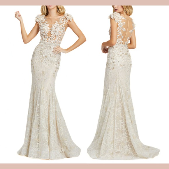 NWT‎ Mac Duggal [ 8 ] 79268 High Neck Shoulder Flower Detail Mermaid Gown J1653 - Picture 1 of 16